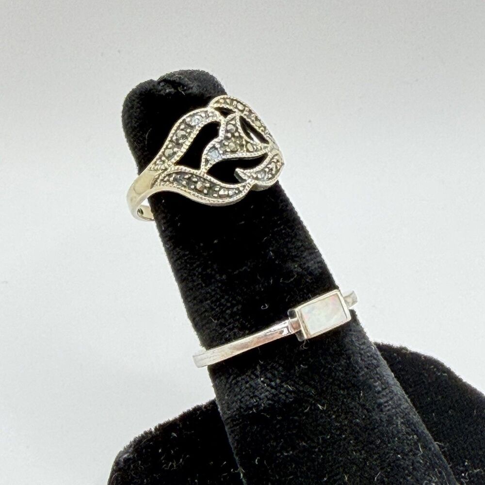 Sterling Silver 925 Marcasite & Opal Rings Size 7 Set of 2